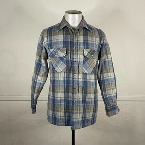 Vintage Arctic Circle Shirt Jacket Mens S Blue‎ Brown Gray Plaid Wool Blend Flaw